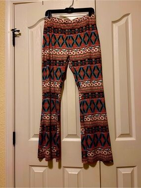 Boho Mid-Century Mod Print Multicolor Elastic Waistband Pull-on Bell Bottom Pant